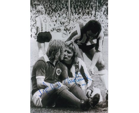 Autographed TONY CURRIE / ALAN BIRCHENALL 1975 'THE KISS' 12 x 8 Photo, Currie of Sheffield United and Birchenall of Leiceste