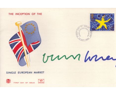 David Hockney, artist. A signed (in green and blue ink) 1992 Single European Market FDC. The stamp was designed by Hockney, c