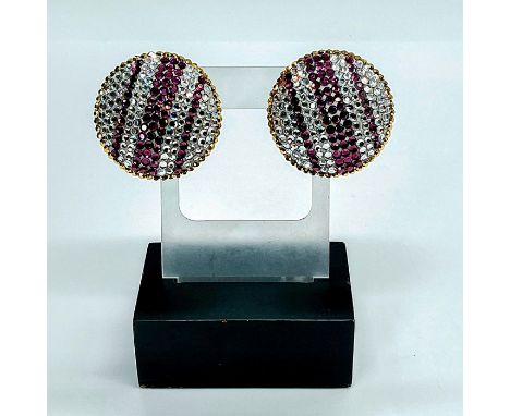 Dazzling white and purple striped button shaped rhinestone earrings, framed in brilliant yellow gold-toned stones. Issued: 20