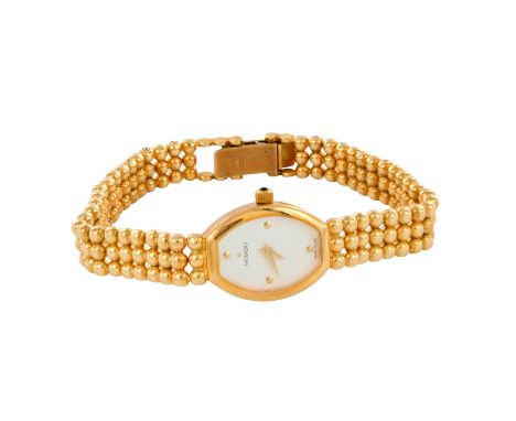 Lovely ladies gold watch with a timeless and sleek design. Oval white face with weave design, gold case with blue crystal cro