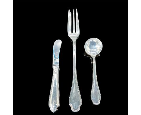 Serving fork, individual butter knife, and small ladle each stamped Christofle, France. Fork dimensions 10 in. L x 1.25 in. W