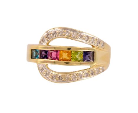 Contemporary horsebit design ladies cocktail ring with 22pc diamonds weighting 0.15cts and 6pc rainbow gemstones that are 1.2