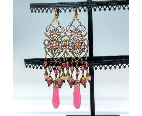 Large art nouveau brass filigree with purple glass beads and crystals. Stamped "Czecho" and "SBK" on back. Dimensions: 5.5"L 
