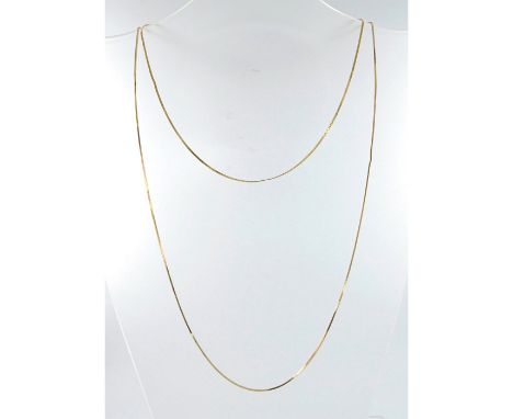 Necklace 1: Flat link chain with 14KT Italy stamped on heart link next to spring ring clasp, 16"L . Necklace 2: Herringbone c
