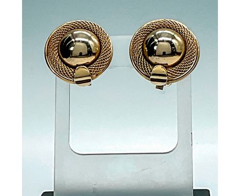 Sophisticated multi-textured button like earrings with sparkling orb center and fine mesh surround. Gently framed with fine g