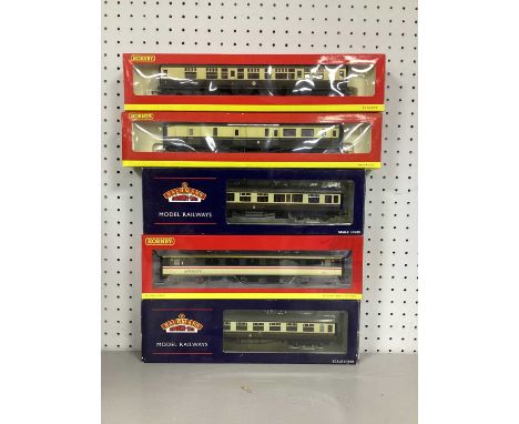 Five OO Gauge Outline British Coaches by Bachmann, Hornby including #R4139A GWR Centenary Brake Coach, Boxed.