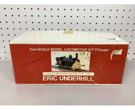 An O gauge unmade model locomotive 0-6-0 kit from Eric Underhill, unchecked for completeness. Boxed