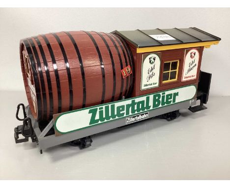 A G gauge Zillertal Bier item of rolling stock, playworn.1. Overall very good. 2. Small part maybe missing from one end. 3. C