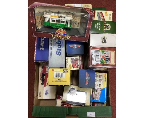 Approximately eighteen diecast model vehicles including trams, buses and other commercial vehicles, various makers, boxed.