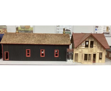 Two G gauge Line Side Models engine shed and house under construction, playworn.NO MAKERS MARKS BOTH APPEAR TO BE KIT BASED