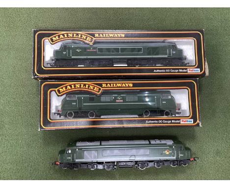 Three OO Gauge Outline British Diesel Locomotives by Mainline, Bachmann, all BR Green, including Peak Class, untested, mostly