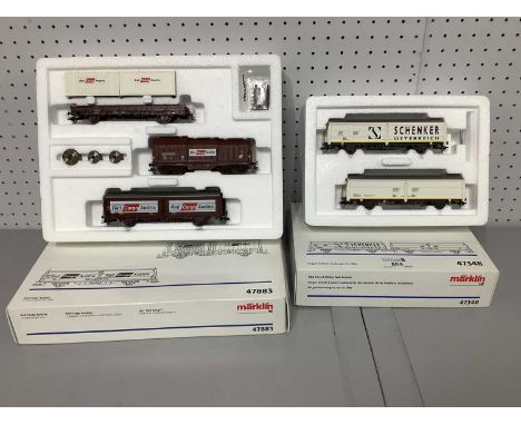 Two Marklin HO Gauge Rolling Stock sets comprising of #47883 3 OBB Freight Cars, #47348 OBB Pair of sliding wall boxcars, box