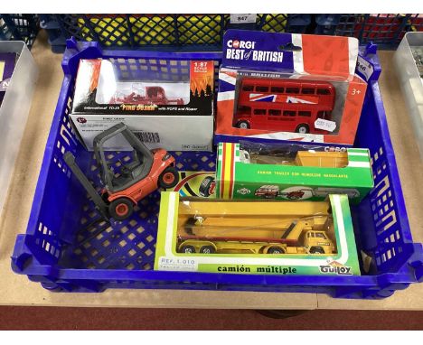 Five Diecast Model Vehicles, Fork Lift Truck by Gama, Joal, Guiloy, Corgi, First Gear, mostly boxed.