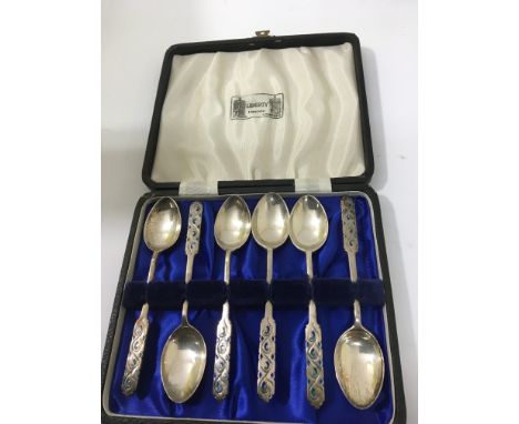 A cased set of Liberty silver and Enamel spoons 1978 hallmarks, in a fitted box