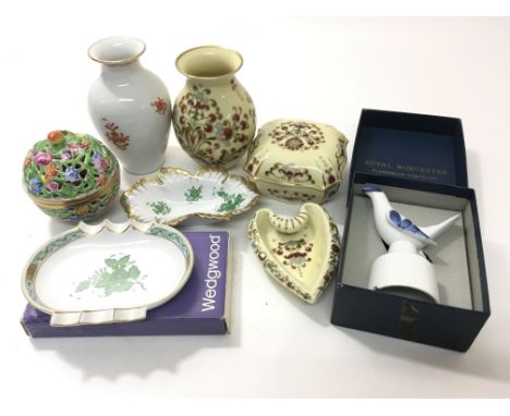 A collection of decorative Hungarian ceramics including Herend, a Royal Worcester boxed bird and a boxed Wedgwood blue oblong