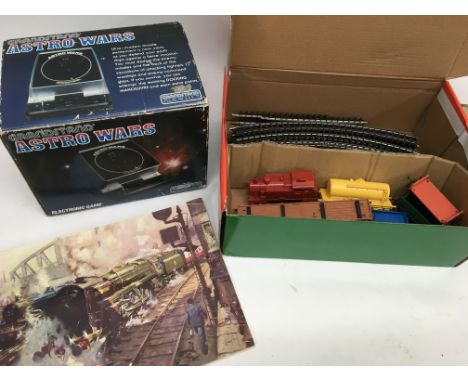 A collection of boxed allegory model cars ,a clockwork train set and a boxed Grandstand Astro Wars game