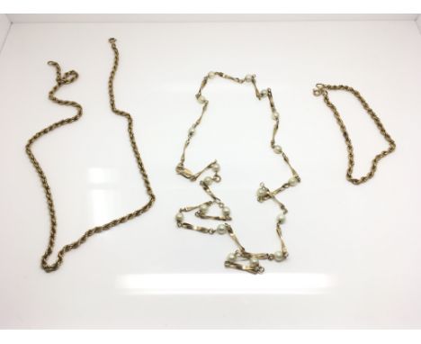A 9ct gold rope chain and bracelet with another pearl necklace. Weight approx 13.8g