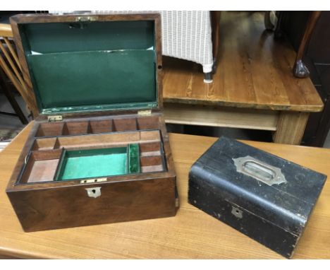 A burr walnut stationary box with mother of pearl cartouche and a jewellery box