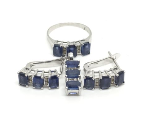 A ladies 18ct gold sapphire and diamond jewellery set to comprise of a ring with alternative elongated sapphires and two smal