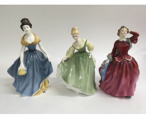 Three Royal Doulton figures (Blithe Morning, Fair Lady & Melanie) together with a box containing flower posy and other cerami