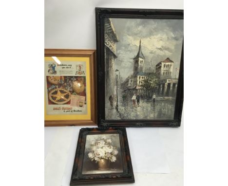 A collection of pictures comprising oil paintings, various National Theatre posters, a costume design and a vintage 'Birds' c