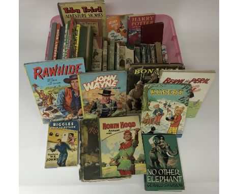 A collection of vintage children's books including a 1st.ed.copy of 'Biggles Fails to Return' and annuals