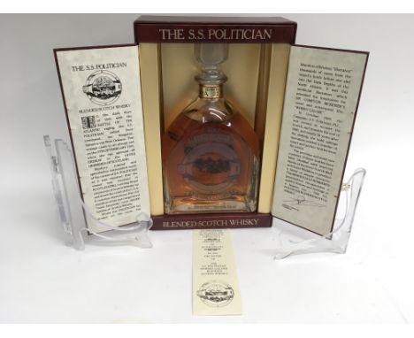 A boxed bottle of 'The S.S. Politician' blended Scotch whisky, with certificate