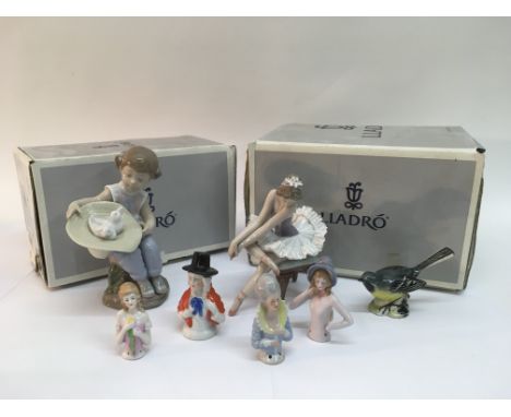 Two Lladro figures of girls, four ceramic pin dolls and a Beswick bird.