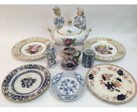 A collection of ceramics including cabinet plates including Meissen, a Mason's jug, a pair of bisque figures and other items.