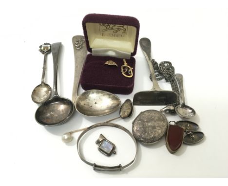 Three pendants, a stick pin, a ring, a silver pocket watch, spoons, a locket on chain, cufflinks etc.