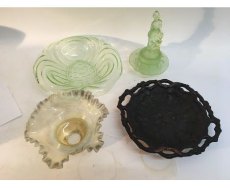 An Art Deco tea set along with an Art Deco dinner service. A terracotta dish, an Art vase, a glass shade and a glass centre p