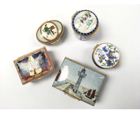 A collection of four Halcyon Days Enamel boxes and one other similar enamel box decorated with a light house. (5)
