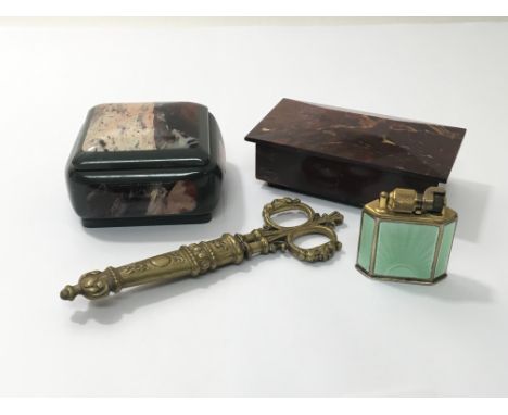 Two Small specimen Marble boxes an Art green enamel McMurdo lighter and a set of Victorian brass scissors, (4)