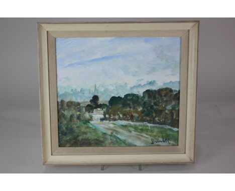 Local interest, Ronald Ossory Dunlop RA (1894-1973), landscape view of figures on a path, distant spire, looking towards Port