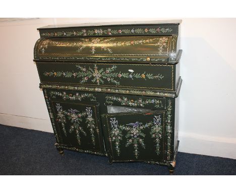 A Dutch Friesland provincial painted cabinet, possibly from a shop, with floral decoration on green ground, with cylinder fro