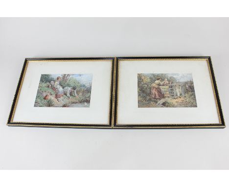 After Myles Birkett Foster, two coloured pictures of children playing with a toy boat beside a woodland stream, and a woman c