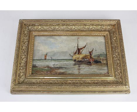 Lunn (19th century), river landscape view of a hay barge moored beside a shoreline, oil on panel, signed and dated 1881?, 13c