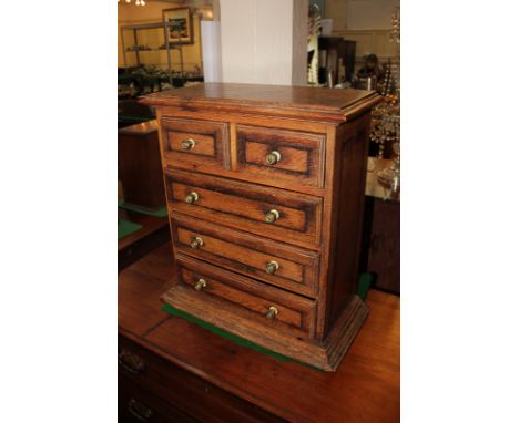 An oak collector's chest of two short over three long drawers with brass know handles, on plinth base, 55.5cm by 51cm