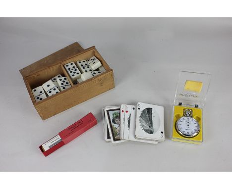 A 19th century pack of American playing cards with black and white views (no box), a set of poker dice in box, a Breitling st