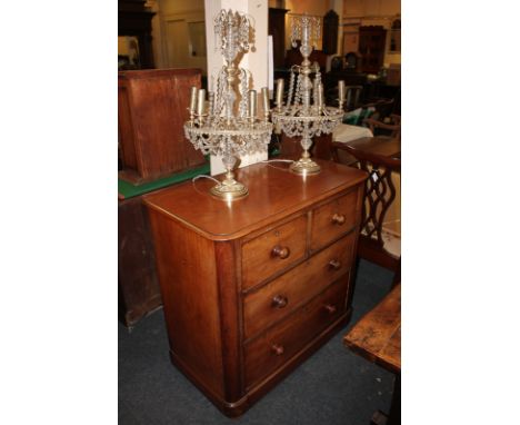 A Victorian mahogany chest of two short over two drawers with knob handles, on plinth base with button feet, 92cm