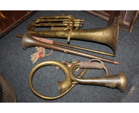 A Besson &amp;  Co 'Prototype' Class C brass tuba, 63cm, (damaged), together with a vintage brass car horn, a brass and coppe