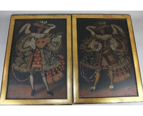 20th century school, a pair of oils depicting two Elizabethan style ornately dressed winged figures playing musical instrumen