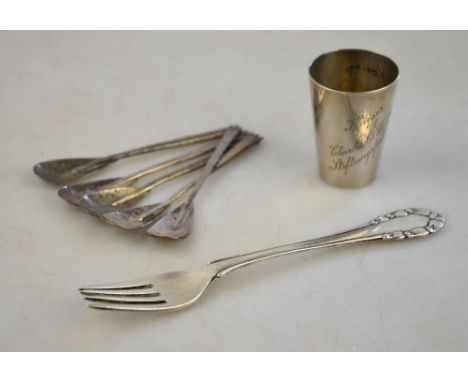 A Georg Jensen silver small fork with foliate design finial, import London 1926, to/w five Arts & Crafts style planished smal