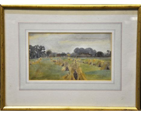 Claude Hayes RI, ROI (1852-1922) - Hay stooks, watercolour, 12 x 20.5 cm, the reverse with sketch of a church
Prov: - The art