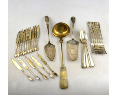 A set of six Dutch .833 standard table forks and five matching spoons, 21.7 oz, to/w an .800 grade pastry slice, a set of fif