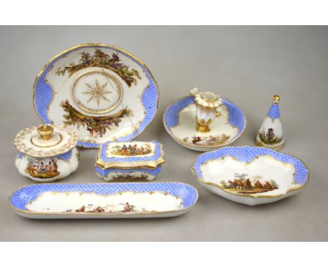 A collection of Meissen 'Bandit' wares comprising a small pot and cover, ink well and cover and stand, two trinket dishes and