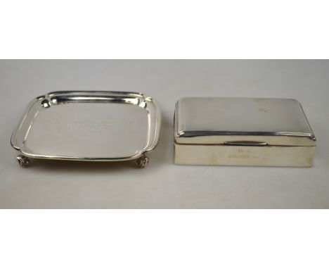 A square silver visiting-card salver on scroll feet, Viners Ltd., Sheffield 1951, 7.7 oz, to/w an Art Deco style cigarette bo