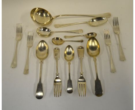An extensive part set of electroplated Hanoverian rat-tail flatware including soup ladle, to/w a quantity of fiddle pattern f