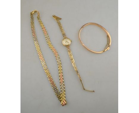 9ct three coloured mesh necklace to/w 9ct half-engraved rose gold bangle and 9ct lady's Rotary wristwatch, approx 31 g exclud