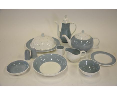 Susie Cooper 'Spotty' china, blue ground, comprising teapot, coffee pot, sugar bowl, milk jug, egg cup, two plates, dessert b